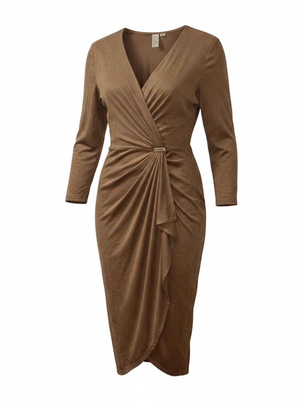 Emma & Michele Elegant Brown 3/4-Sleeve Faux-Wrap Midi Dress Size Small